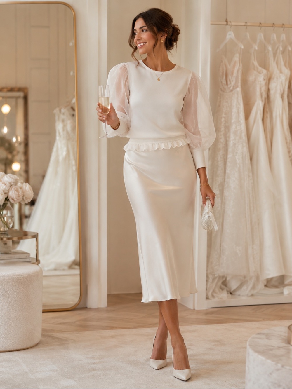 Ivory Organza Puff Sleeve Bridal Top